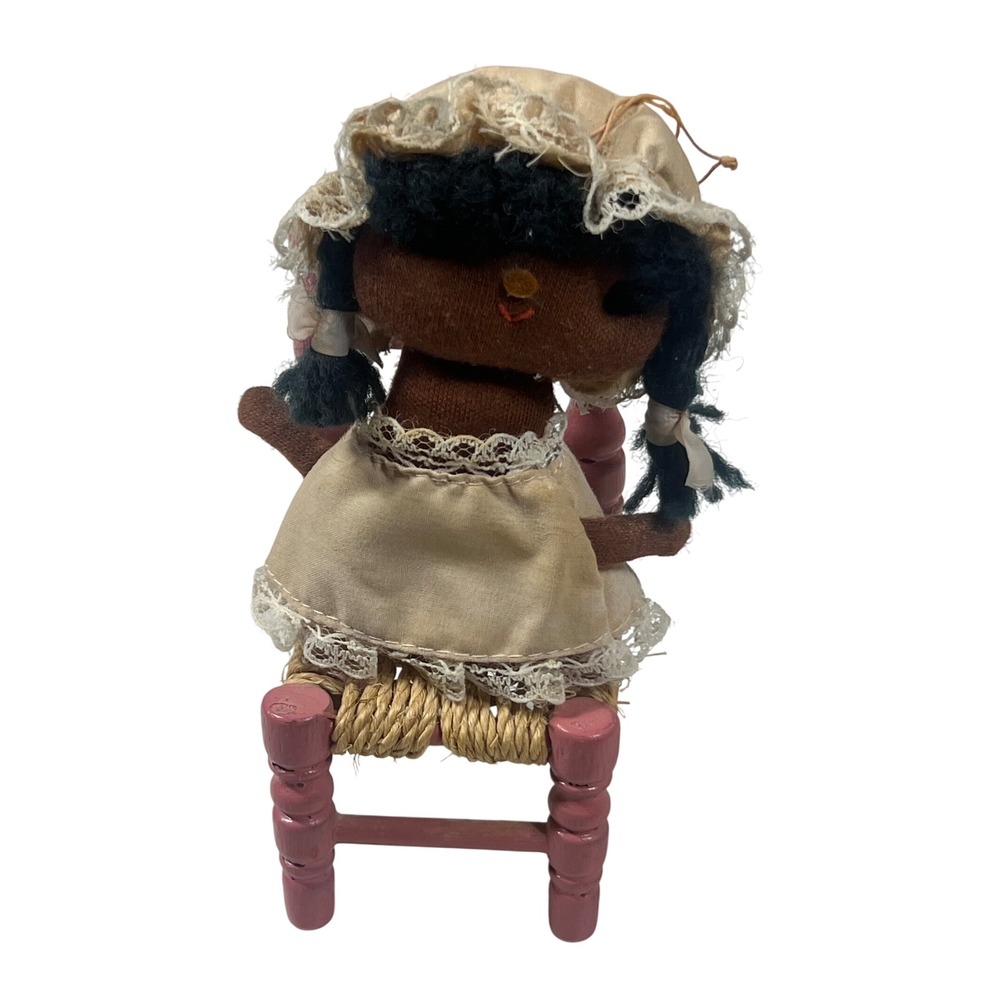 Vintage Handmade Doll with Rattan Chair Miniature Figurine‎ Folk Art Decor